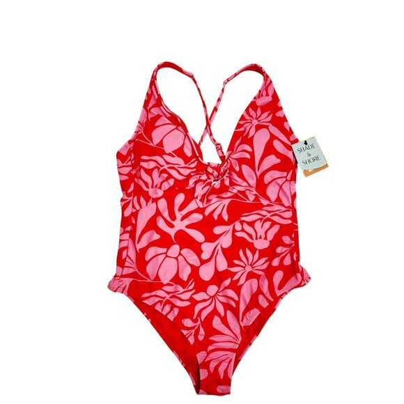 Shade & Shore Womens Red & Pink Floral One-Piece Swimsuit Size M - Picture 1 of 9
